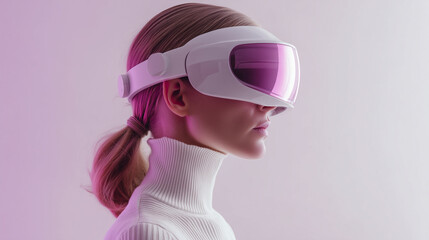 Woman with Pink VR Headset, Augmented Reality, VR Concept, Technology. Room for Copy.
