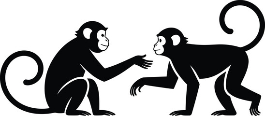 Two playful monkeys silhouette, one sitting one standing, interacting in tropical jungle setting, black vector illustration, animal behavior concept design © Legend Monir