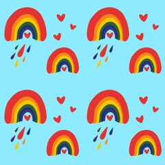 Cute Kids Rainbow With Heart And Rain Seamless Pattern Illustration