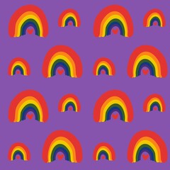 Seamless Rainbows and Hearts Pattern on Purple Background