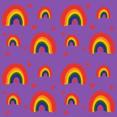 Seamless Rainbow and Heart Pattern Illustration on Purple Background