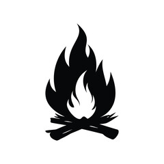 Black and White Bonfire with Flames and Wood Pile Illustration