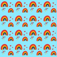 Seamless Rainbows and Hearts with Raindrops Pattern on Blue Background