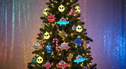 A uniquely decorated Christmas tree with glowing alien and UFO ornaments against a sparkling background.