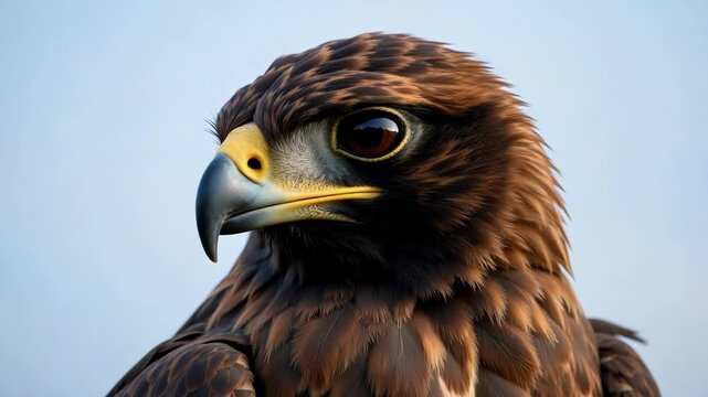 A striking close-up captures the intricate brown plumage of a Black Kite, its pale eye ring and alert dark eyes sharply in focus against a blurred sky.
