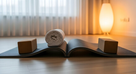 A serene yoga set ready for a calming wellness session in a warm, inviting home studio with soft lighting.