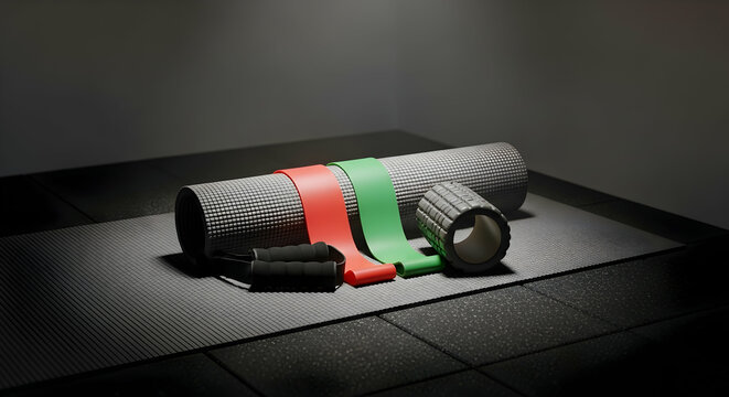 Modern yoga set with mat, resistance bands, and foam roller for fitness