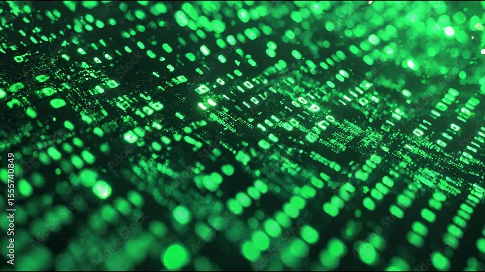 Poster digital code stream, vibrant green binary numbers cascading in a matrix style, representing technolo
