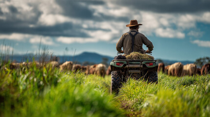 Farmer on quad bike checking cattle in green paddock 