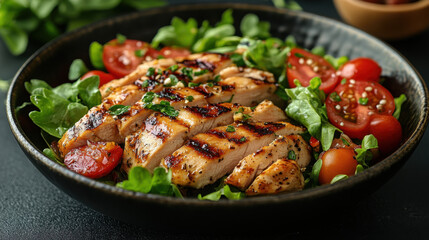 Grilled chicken breast, fillet and fresh vegetable salad. Healthy lunch menu