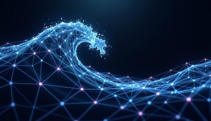 Abstract digital wave glowing blue nodes and lines forming a wave like pattern on a dark background