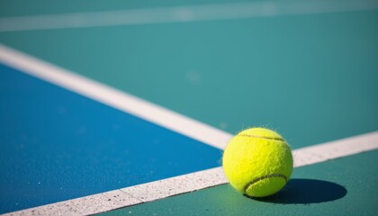 Tennis ball on a blue and green tennis court Close up view of a single tennis ball