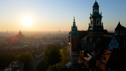 beautiful European city from above at sunrise Krakow Poland