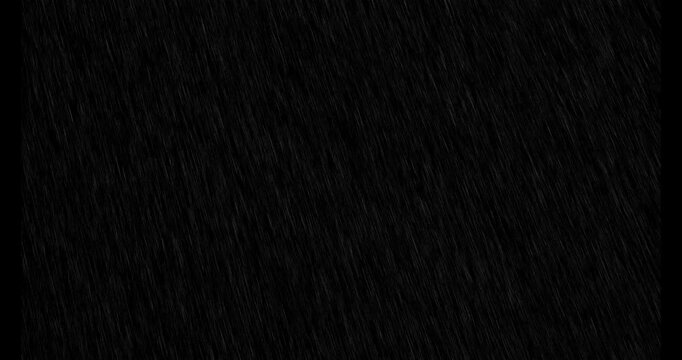 Realistic Rain Falling footage animation in real time on dark black background, Seamless Rain Drops, Heavy Rain, seamlessly looped rain animation Cinematic Rain Effect for Film and Video digital compo