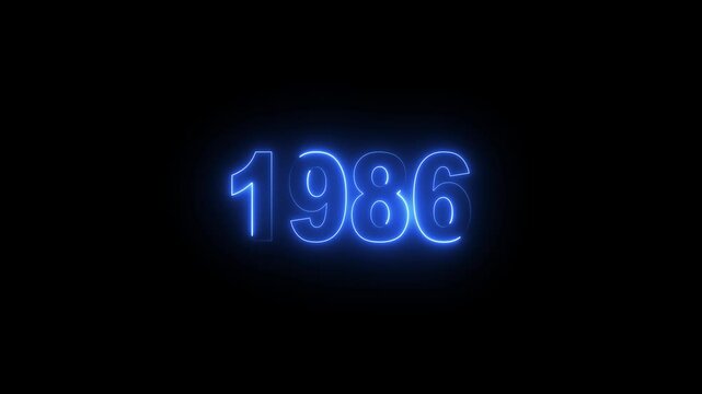 Glowing neon numeric text 1986 year countdown icon background 4k animation. cyan neon font alpha year. Neon year 1986 with alpha channel, Energy&nbsp;neon&nbsp;1986&nbsp;year.