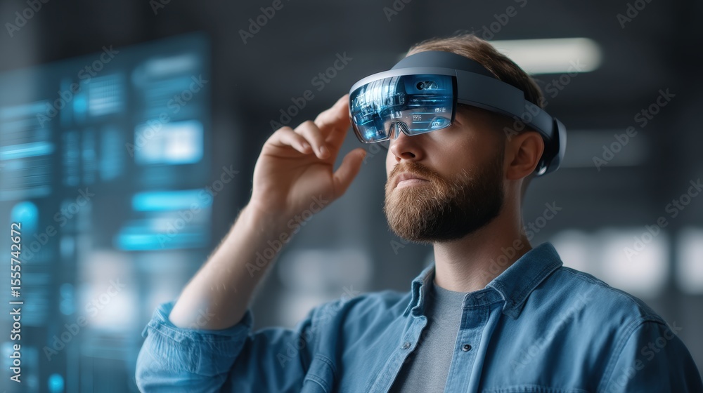 Poster augmented reality experience a man using smart glasses in an office setting technology showcase mode