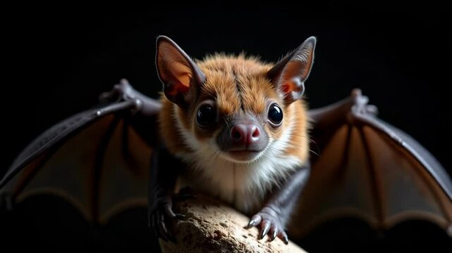 A detailed close-up captures the delicate head of a Common Pipistrelle bat, its translucent wings highlighted by soft artificial night lighting.