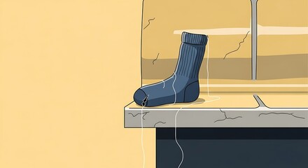 A solitary old blue sock with loose threads, abandoned on a weathered concrete windowsill.