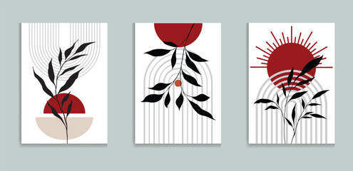 Abstract Botanical wall art vector set. Boho foliage line art drawing with abstract shape. Abstract Plant Art design for print Minimal and natural wall art.
