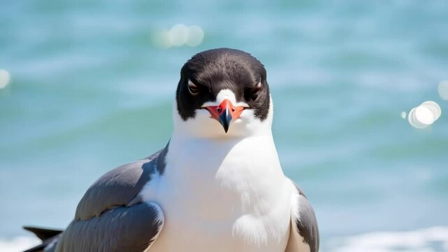 Witness a stunning frontal shot of a Common Tern showcasing its pointed gray wings, vibrant red-orange beak, and striking black cap against a blurred ocean backdrop.