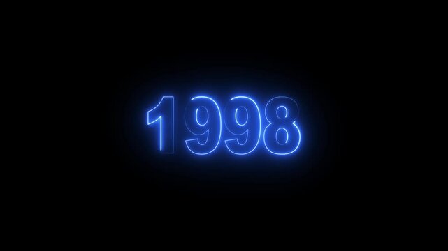 Glowing neon numeric text 1998 year countdown icon background 4k animation. cyan neon font alpha year. Neon year 1998 with alpha channel, Energy&nbsp;neon&nbsp;1998&nbsp;year.
