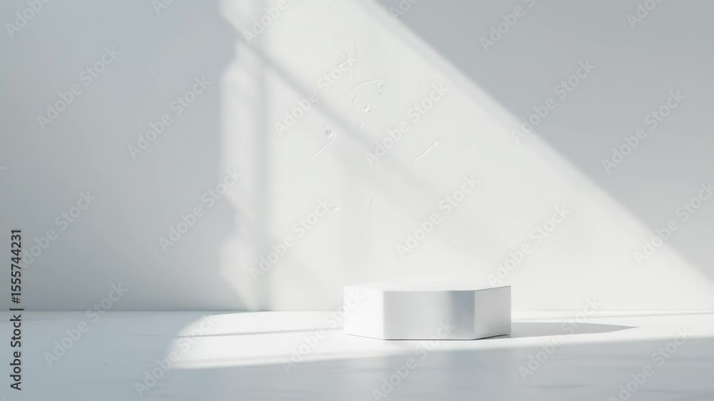Aufkleber minimalist white product display platform with dynamic sunlight and shadow play