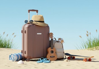 Summer travel essentials include suitcase, beach items, and leisure activities