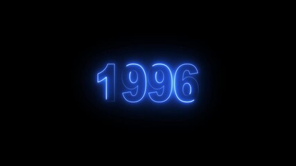Glowing neon numeric text 1996 year countdown icon background 4k animation. cyan neon font alpha year. Neon year 1996 with alpha channel, Energy neon 1996 year.