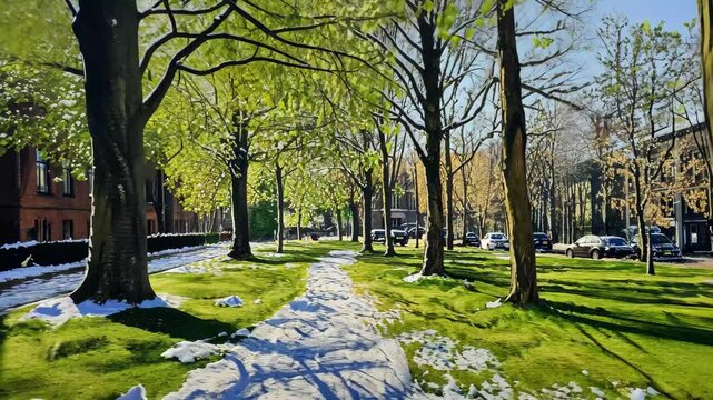 Sunshine melting snow on a vibrant green lea surrounded by trees and buildings in a lively setting, Under the sunshine, the snow on the green, tender leaves are melting rapidly