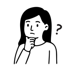 Simple Line Art Young Woman Thinking with Question Mark Illustration