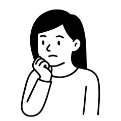 Simple Line Art Thoughtful Young Woman with Hand on Chin Illustration