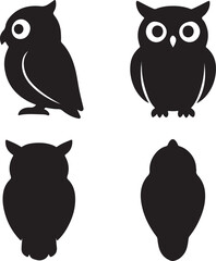 Owl bird silhouette of icons set side, front, back, and top views vector art illustration