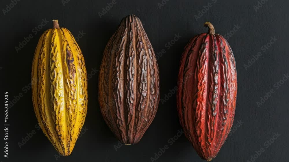 Poster High-quality image of three distinct cocoa pod varieties on a dark surface, great for food and beverage related projects