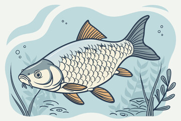  Freshwater Fish with Whiskers and Aquatic Plants Illustration