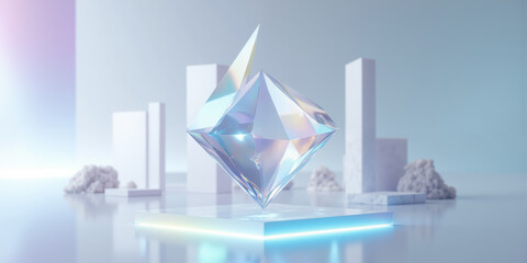 3D Render of a Floating Glass Pyramid with Refractions A futuristic, clean composition featuring a transparent floating glass pyramid