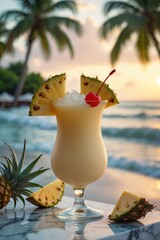 Refreshing piña colada with pineapple and cherries on a beach at sunset