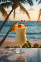 Refreshing piña colada with pineapple and cherries on a beach at sunset