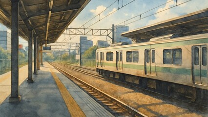 Obraz premium 夏の午後に停車する無人駅の風景