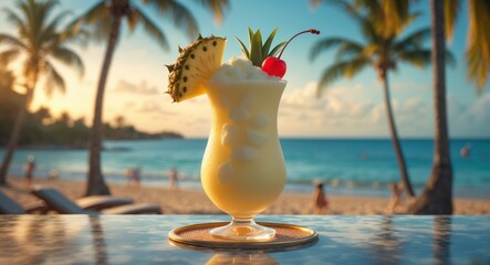 Refreshing piña colada with pineapple and cherries on a beach at sunset