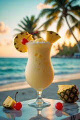 Refreshing piña colada with pineapple and cherries on a beach at sunset