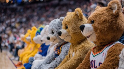 Colorful team mascots are lively and cheering at the edge of the court, creating a fun atmosphere during a basketball match in an indoor arena.