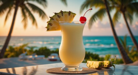 Refreshing piña colada with pineapple and cherries on a beach at sunset