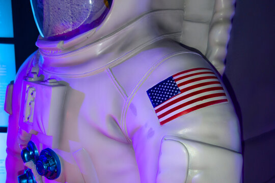 cosmonauts close up of an american astronaut spacesuit with us flag detail