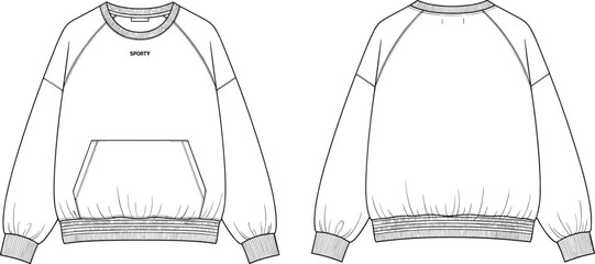Flat sketch of sporty sweatshirt with front kangaroo pocket, ribbed hem, raglan sleeves, and crew neckline, fashion apparel template drawing

 flat vector illustration