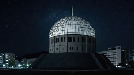 Obraz premium Illuminated Dome Building under Starry Night Sky – Peaceful Cityscape Reflection