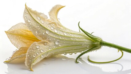 Fototapeta premium Delicate Zucchini Flower Adorned with Sparkling Water Droplets on a White Background