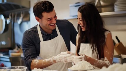 Happy couple baking together in kitchen with flour on hands and aprons, smiling and enjoying fun cooking moments filled with joy and laughter - Powered by Adobe
