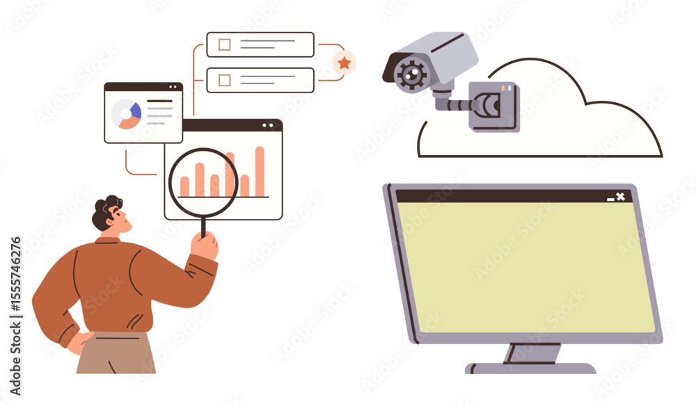 Poster individual examining bar graphs, charts, and cloud-connected security camera feeds on a computer. id