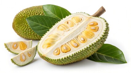 Studio Shot of Cut and Whole Jackfruit with Leaves on White Background