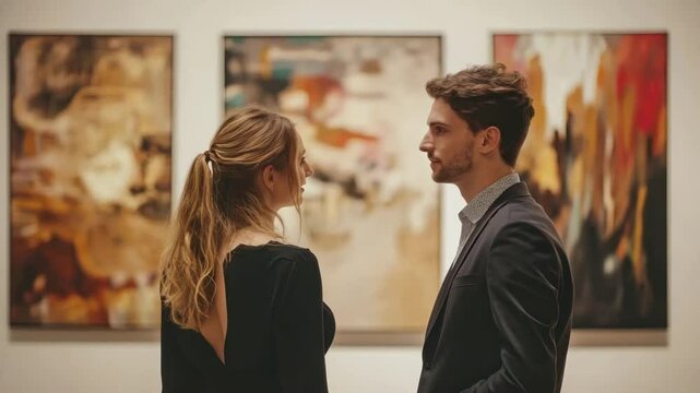 Couple admiring abstract painting in modern art gallery, sharing thoughtful conversation surrounded by warm color and creative atmosphere woman